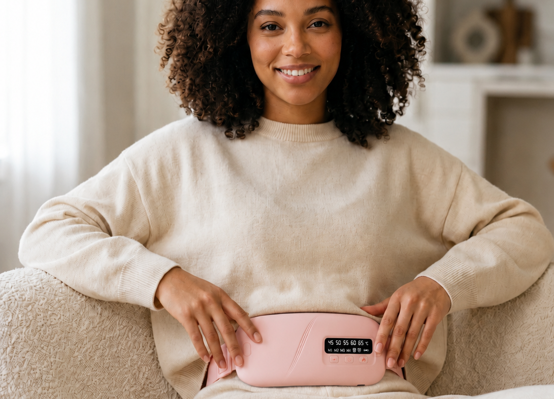 Femme souriante portant la ceinture chauffante Covaly sur le ventre